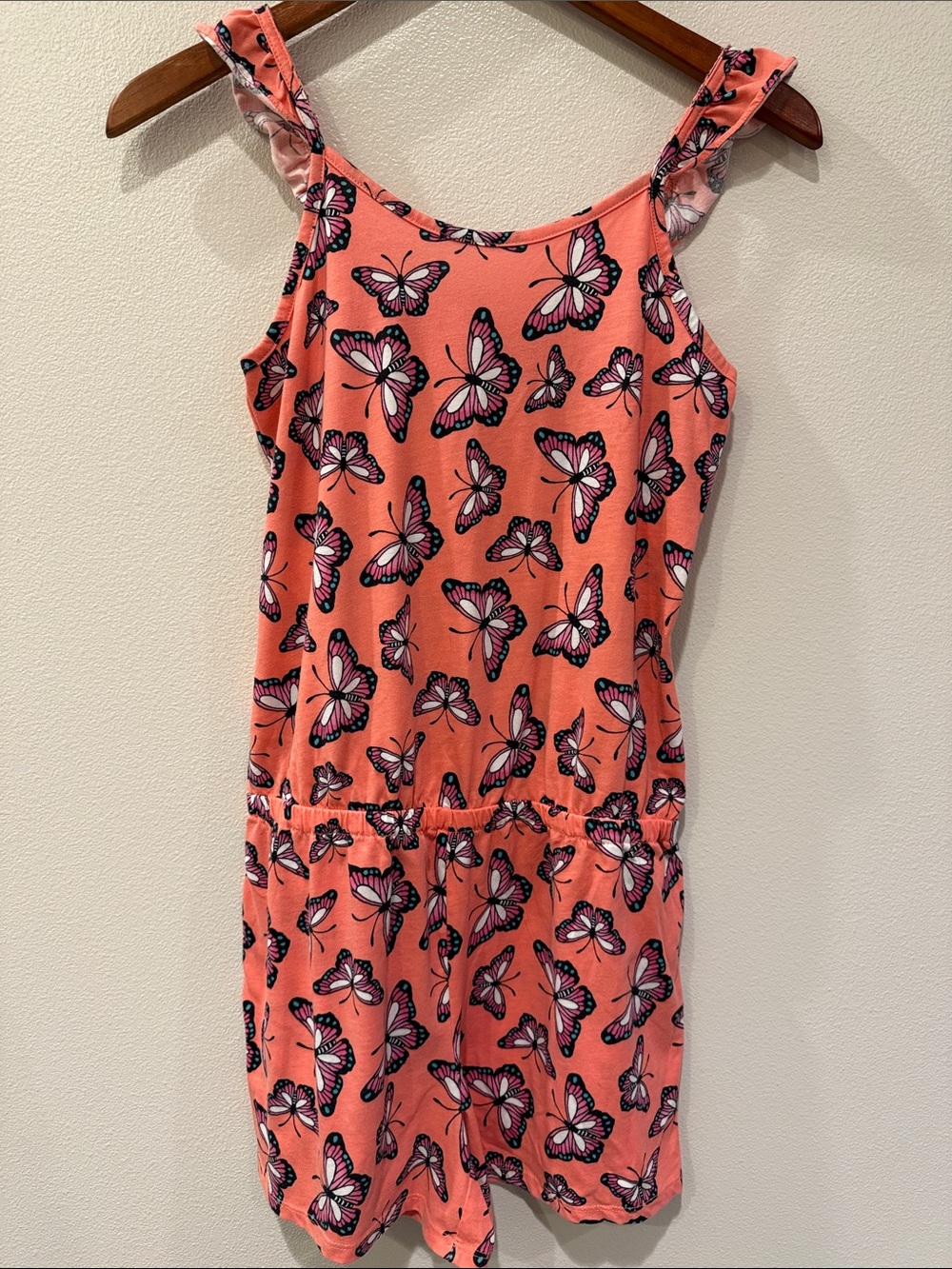 Girls Coral Butterfly Print Tank Romper
